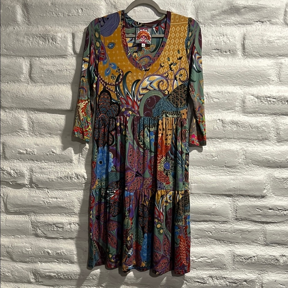 EUC Johnny Was Madison 3/4 Sleeve Tiered Dress